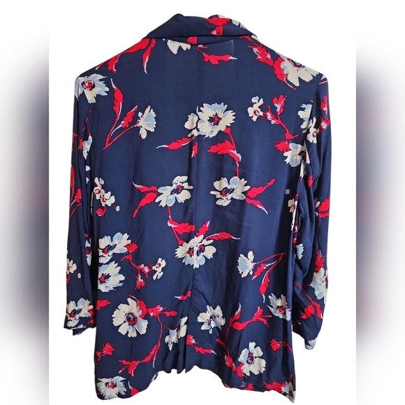 Roz & Ali Blue Red Floral Open Front Blazer L Lightweight Spring Officewear - Picture 3 of 8